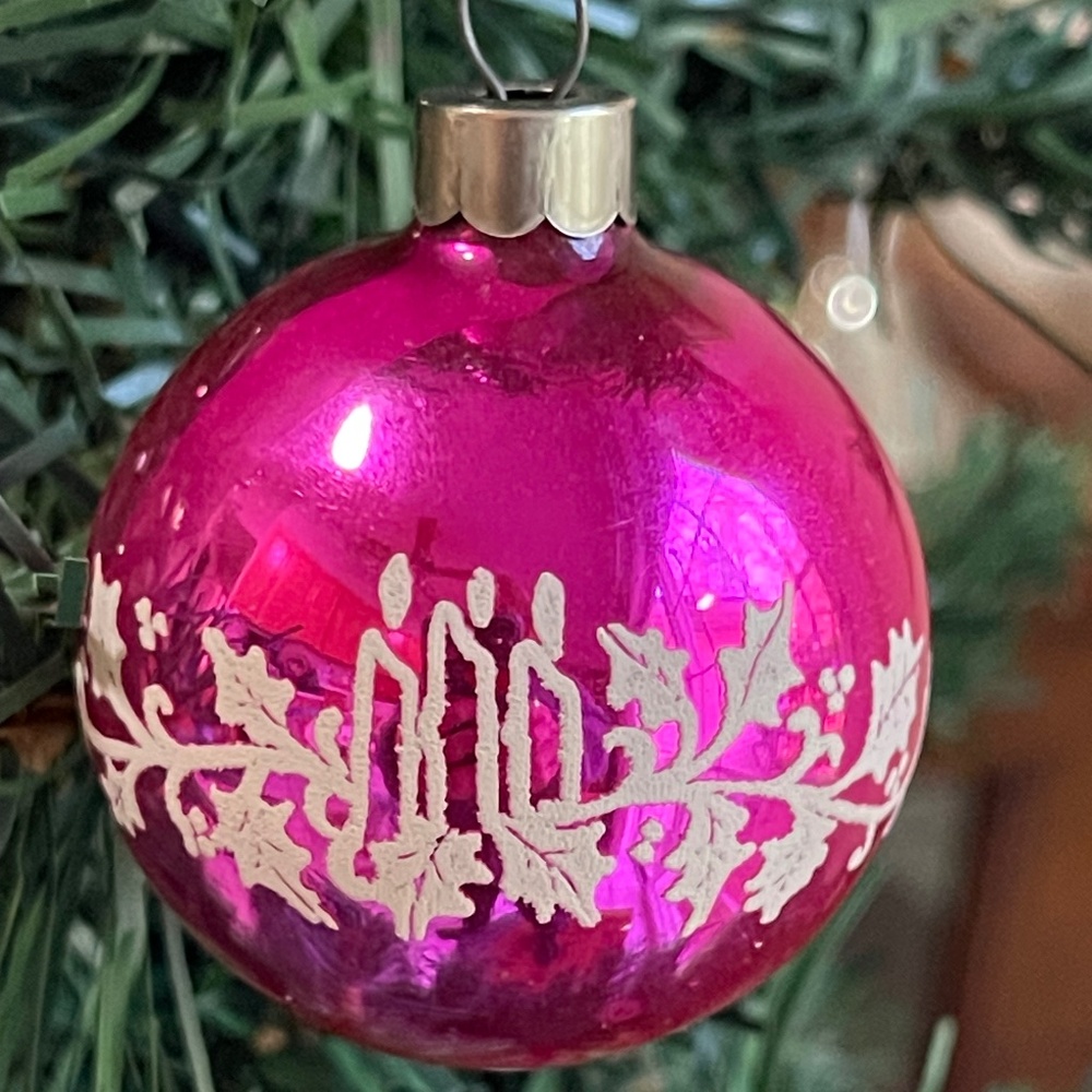 Vintage SHINY BRITE Pink Stenciled CANDLES Christmas Ornament 2"